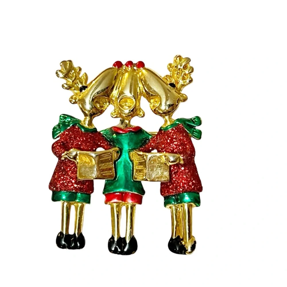 Vintage AJC Gold Tone Enamel Caroling Reindeer Christmas Brooch 2”